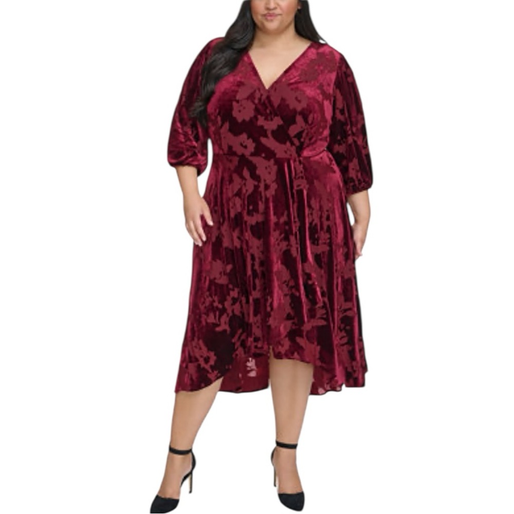 Calvin Klein Burnout Velvet Faux-Wrap Dress in Rosewood size 22W 3/4 Sleeves NWT
